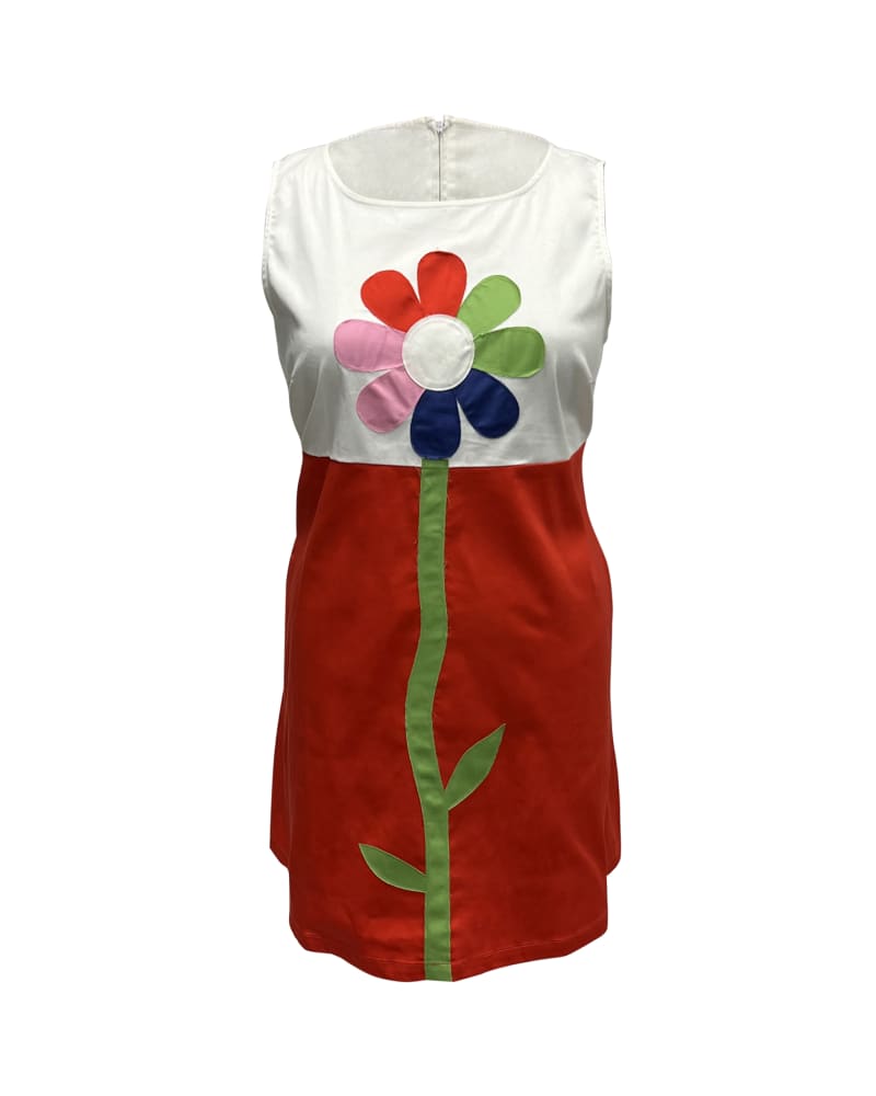 Front of a size L Smak Parlour Retro Style White & Orange Flower Power Shift Dress in White, Orange, Rainbow, Floral by Smak Parlour. | dia_product_style_image_id:288683